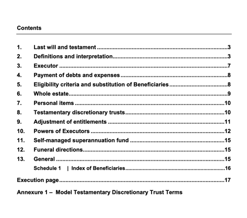Example Table of Contents from the Last Will and Testamanet